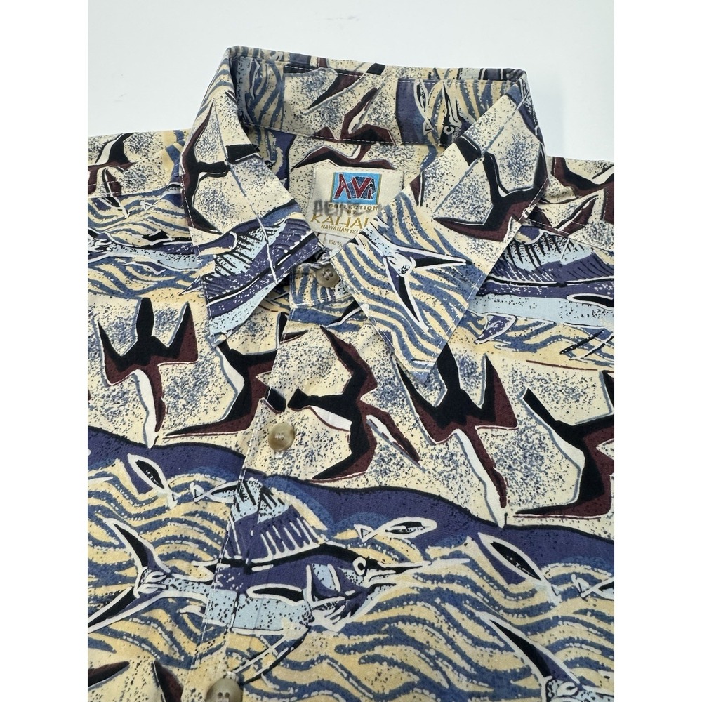 Kahala Mens Short Sleeve Blue Tan Bird Motif S/S  Hawaiian Shirt Men's Size XL
